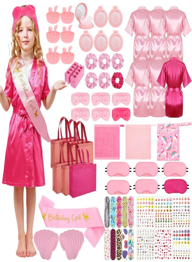 ZhouBoat 6 Set Girls Spa Party Supplies Kit 83 PCS Includes Satin Robes Headbands Slippers Nail Kit Masks Towel Brush Set for Birthday Sleepover Pink, Hot Pink Birthday Theme - Image 1